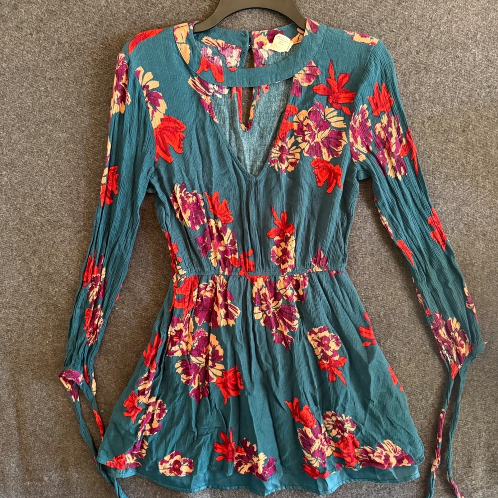 Sky and Sparrow Teal Floral Choker Neck Mini Dress Long Sleeve Boho Rayon Large‎